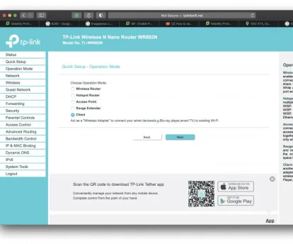 „Inception“ – „TP-Link“ „Wi-Fi“ maršrutizatoriaus nustatymas naudojimui su daugiafunkciniu įrenginiu (MFD)